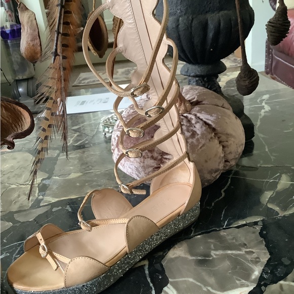 Giambattista Valli Nude leather tall gladiator wedge glitter sandals size 8.5 - Picture 6 of 12